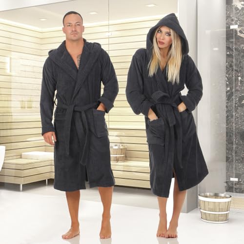 Class Home Collection Bademantel Damen & Herren mit Kapuze – 100% Baumwolle Frottee, weich & saugfähig – OEKO-TEX Anthrazit Gr. L