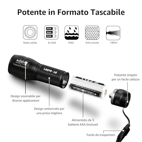 LE Torcia LED Potente Professionale 2 Pezzi, Torcia LED Portatile con Pile, Piccola Torcia Tascabile Militare, Impermeabile Torce LED Potente per Campeggio Trekking Emergenza, 6 X AAA Batterie incluse - 8