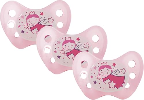 Dentistar® Night Silikon-Schnuller - Größe 1, von Geburt an, 0-6 Monate - Nacht-Leuchtschnuller, Nuckel leuchtend, für neugeborene Babys, Fee rosa- 3 Stück