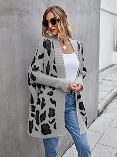 Image of Women's Long Sleeves Open Front Casual Leopard Print Fuzzy Knitted Sweater Cardigan Coat Outwear