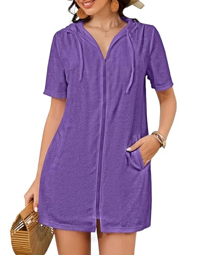 Bsubseach Cubierta de tela de rizo, para mujer, con cremallera, con capucha, batas de playa con bolsillos, Púrpura, S