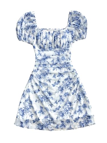 SHENHE Girl's Summer Floral Puff Sleeve Dress Square Neck Ruched A Line Flared Short Sundress