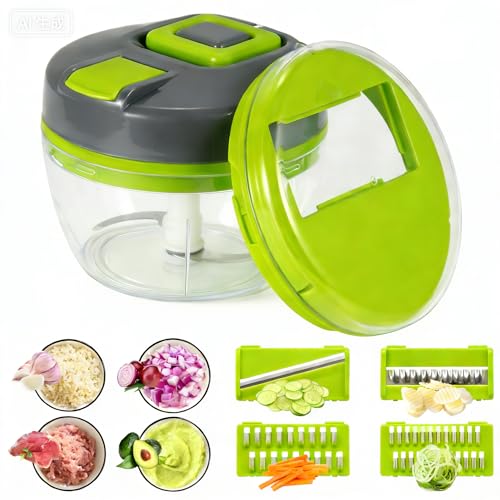 5 EN 1 Hachoir Manuel 520 ml, Coupe Legumes Multifonctions with 4 Lames Amovibles, Coupe Legume with Stainless Steel 3 Blades, Manual Blender Pour trancher,...