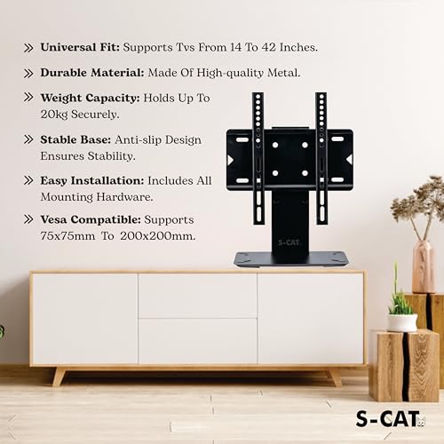 Image of S-CAT Table Top TV Stand for 14-42 Inch LED LCD Smart TVs, Portable TV Stand, Stand with Adjustable Mount, LED TV Floor Stand for Desk /Table (Contact Customer Care for Any Difficulty in Installation)