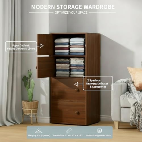 Image of 4-Door Morden Wooden Collapsible Wardrobe for Storage /Space Saving Wooden Wardrobe with Doors /Collpsible Storage Organiser /Living Room - (Walnut, 4 Layer)