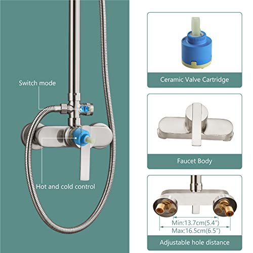 Exposed Pipe Shower System Brushed Nickel 8 Inch Rainfall Showerhead Shower Faucet Fixture Combo Set Brass Single Handle With Hand Sprayer Adjustable Slide Bar Dual Functions #TOP5