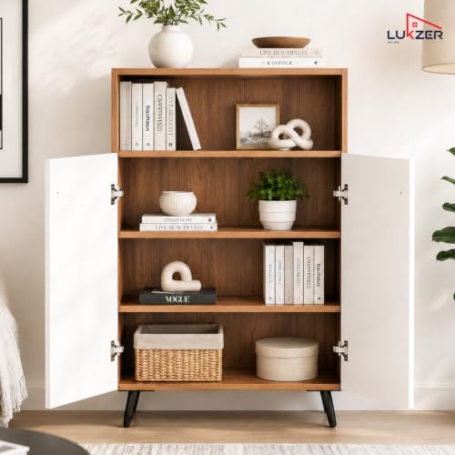 Image of Lukzer Wooden Book Shelf & Storage Cabinet with White Doors (MR-034 /Oak Brown) Engineered Wood Bookshelf for Home, Bedroom, Office & Kitchen, Multipurpose Books Organizer & Display Rack (90x30x60 cm)