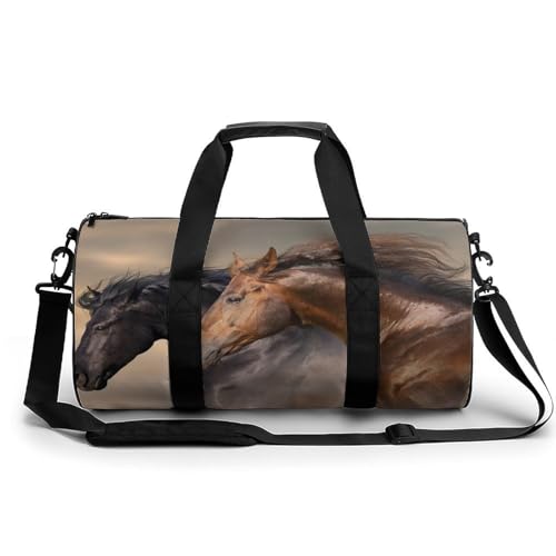 Sac de sport marron et noir motif cheval pour gym et voyage 45x23x23cm