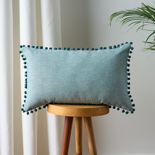 Image of 100% Cotton Pom Pom Cushion Without Filler, Elegant & Modern Cushion Cover for Living Room, Rectangle, 12 inchx20 inch, uni Chambray, Set of 2 - Teal Green