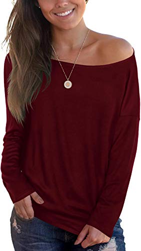 Sipaya Long Sleeve Off The Shoulder Top for Women Boat Neck Oversized T Shirts Burgundy L