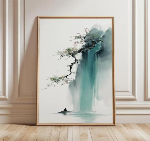 Aquarelle de montagne et cascade zen 60x90cm sans cadre pour decoration murale de maison