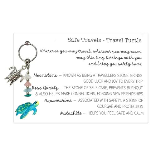 Virelle Safe Travels Travel Turtle Charm Keychain Healing Crystal Gift Set with Moonstone Rose Quartz Aquamarine & Malachite for Protection Self-Care & Courage