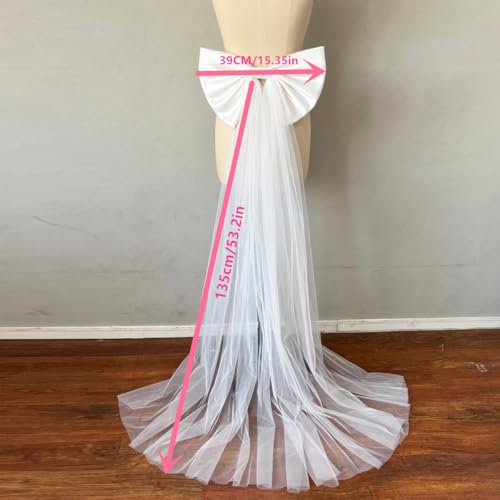 Image of Detachable Satin Bow for Wedding Dress Bowknot with Irregular Tulle Tail