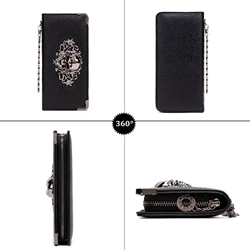 Skull Wallets for Women, Zip Around Goth Wallet Large Capacity Long Purse Credit Card Clutch Wristlet for Women (A-Black)2