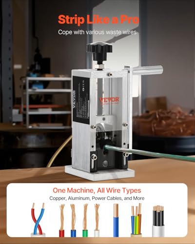 Image of VEVOR Manual Wire Stripping Machine, 0.06''-1.18'' Copper Stripper with Hand Crank or Drill Powered, Visible Stripping Depth Reference, Portable Aluminum Frame Wire Peeler for Scrap Copper Recycling