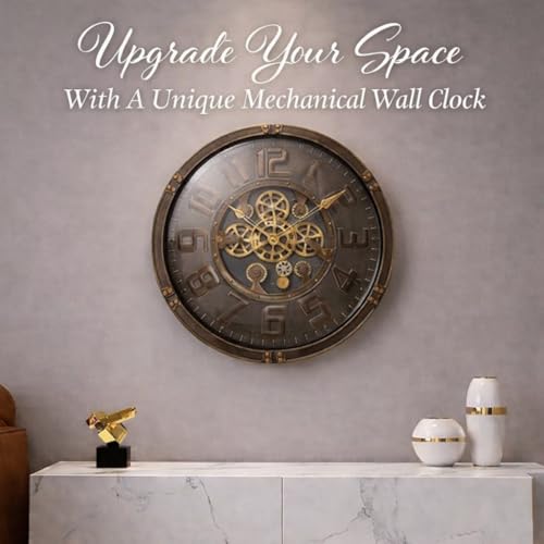 Image of ARMONIA Vintage Mechanical Moving Gear Wall Clock 60 cm | Large Acrylic Industrial Steampunk Analog Clock | Real Moving Gears, Dual Tone Vintage Design | Modern Home & Office Decor