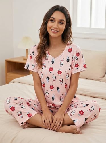 Image of CHUNG Women Cotton Pajama Sets Sleepwear pjs Short Sleeve Shirt Capri Length Crop Pants Cute Vivid Print