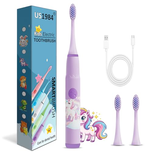 Image of Sonic Electric Toothbrush for Kids with 4 Modes, 3 Brush Heads & Rechargeable Battery, Ultra Soft Nylon Bristles, IPX7 Waterproof, Electric Power Tooth brush (Purple)