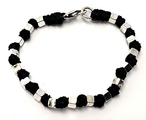 BRACCIALE SPADARELLA UOMO CON CUBETTI IN ARGENTO 925 6 MM E COTONE MARINO NERO LUNGH.19 CM