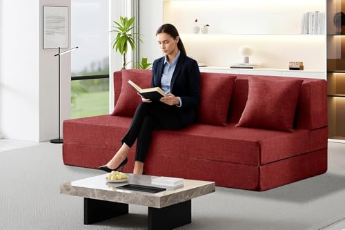 Image of Los Angeles Foldable Three Seater Sofa Cum Bed, Sofa Bed 5 X 6 Feet, Jute Fabric Washable Cover Including 3 Cushion Perfect for Home & Office - Red Color