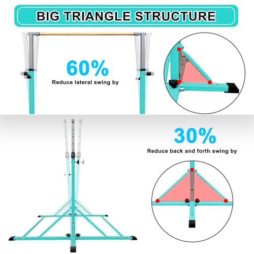 86 York Gymnastics Bar for Kids Ages 3-20, 5FT Base Length, 42" to 63" Adjustable Height, Horizontal Bar, Kip Bar for Gymnast, Gymnastic Training Equipment for Home, Gym Center (Bar & Mat, Teal) by 86 York - Image 4