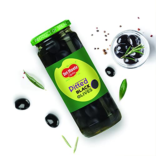 Image of Del Monte Black Pitted Olives 450g l Imported from Spain | 100% Natural | Suitable for Pizza, Pasta Topping, Garnishing Salad, Wraps | Source of Fibre, Gluten Free, No Added Preservative