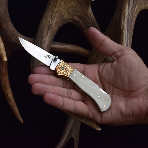 Knives Ranch Handmade Pocket Knife – Back Lock Folding Knife with Brass Bolster & Natural Cattle Bone Handle – High Carbon Stainless Steel Blade – Scroll Engraving (5125B-BR)