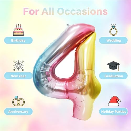 Image of Rainbow Number Balloons Birthday Balloons - Giant Number 4 Balloon 40 inch, Numbers Balloon Birthday Decorations, Rainbow Party Supplies for Baby Shower