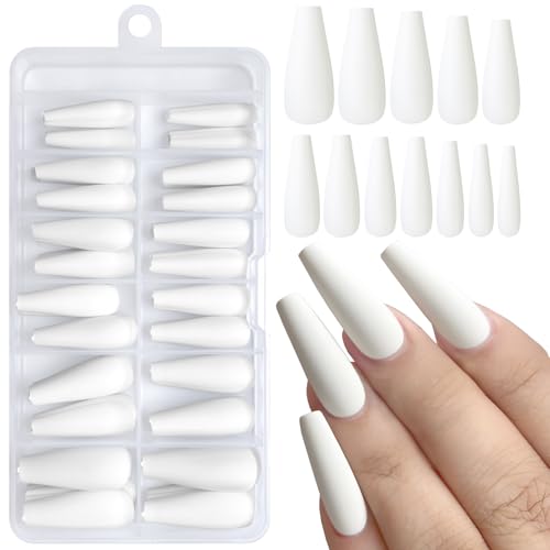 AddFavor 120pcs White Press on Nails Long Coffin Fake Nails with Glue & Adhesive Tabs, Full Cover Matte Acrylic Nails Press ons for Women Girls