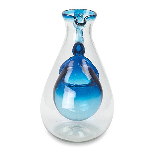 Novica Hand Blown Clear Glass Pitcher With Aquamarine Rim And Ice Chamber, 60 Oz, 'Fresh Caribbean' #TOP1