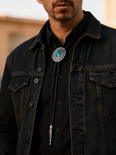 Image of GelConnie Bolo Tie for Men Women Western Cowboy Turquoise Leather Necktie | Natural Stone Bolo Tie Necklace for Women Rodeo Cowboy Leather Necktie Native American Western Cowgirl Ties Adjustable Cord