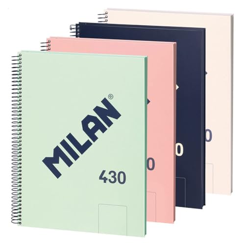 MILAN® Pack 4 cuadernos A4 con espiral y tapa dura, 80 hojas blancas de 95 gr/m², colección 430 since 1918