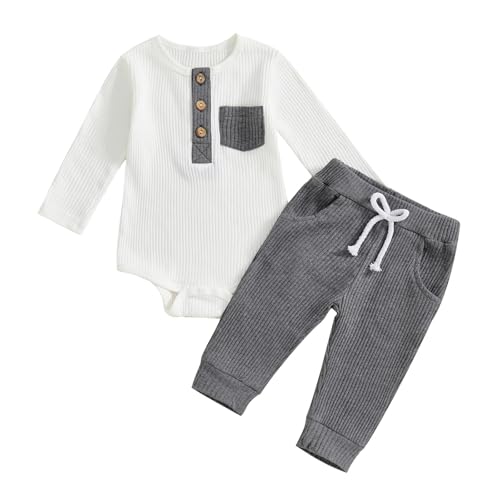 Image of fhutpw Baby Boy Clothes 3 6 12 18 Months Ribbed Knitted Long Sleeve Romper and Pants Sets Newborn Fall Splicing Color Outfits