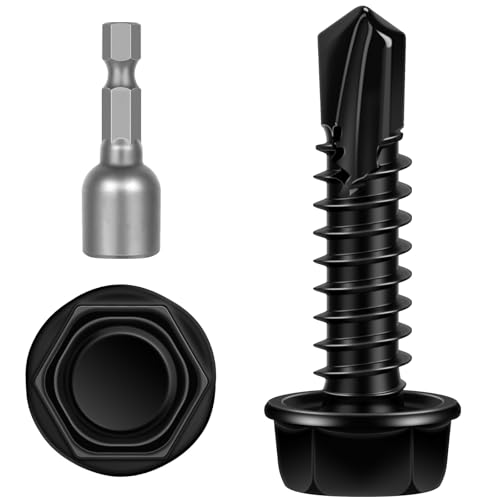 #14 x 1-1/4" Hex Washer Head Self Tapping Screws, TEK Screws, Self Drilling, Stainless Steel 410 Sheet Metal Screws, Black Finish, 50 PCS
