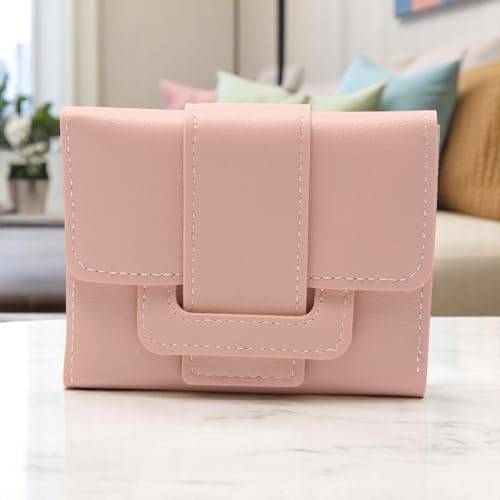 1Pcs Simple Wallet 3-Fold Solid Drawstring Card Case PU Leather Pink 11x9cm