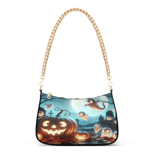 Halloween Night Shoulder Bag for Women, Handbag with Chain Strap, Soft Purse Tote Bag for Ladies