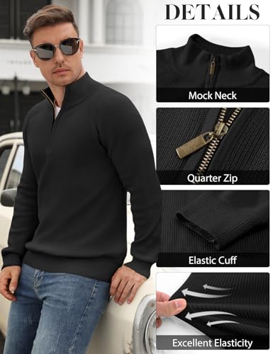TOMEEK Jerséis para Hombre de Cuello Redondo Alto con Cremallera Cuarto Jersey para Hombre Manga Larga Pullover Slim Fit Sólido de Punto(Negro,L) - imagen 4