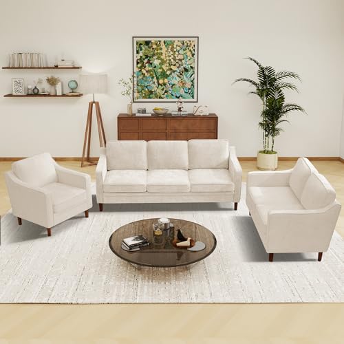 Image of Kingfun Living Room Furniture Sets, 3 Seater Couch, Armchair and Loveseat, Mid Century Modern Sofa Set, Chenille Couch with Solid Wood Frame for Living Room & Bedroom, Beige