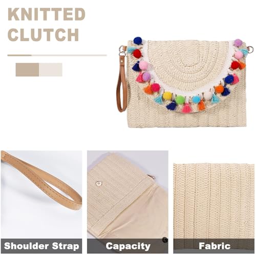 Image of Clutch Purses for Women, Straw Beach Bag, Colorful fur balls and tassels Envelope Package, Bohemian Summer Handbags for Vacation, Travel