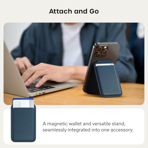 Image of Satechi Magnetic Magsafe Wallet and Double Flap Stand, iPhone Wallet with 4 Card Slots, Front Flap NFC Pass Through for iPhone 15, iPhone 14, iPhone 13, iPhone 12 - Vegan Leather, Blue | NFC Pass-Through Dual Tab Construction Adjustable Kickstand for iPhone 12-17 Premium Material (PU)