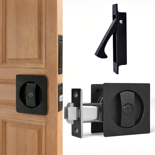 Dontay Pocket Door Privacy Lock with Edge Pull Handle (Bed/Bath) 2 3/8 Backset Stainless Steel Recessed 2 Sided Recessed Knob 1 3/8 to 2 3/16 Bathroom&Sliding Door (Matte Black Square - 1 Set)