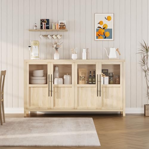 GarveeHome Sideboard Buffet Cabinet with 4 Glass Doors, 55" Buffet Table Coffee Bar Wine Bar Display Cabinet for Kitchen Dining Room, Living Room (Natrual, Glass with 4 Doors)