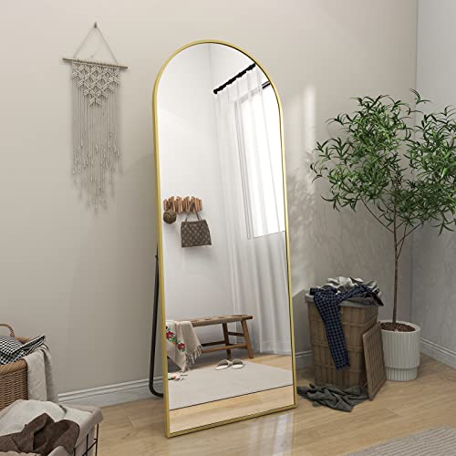 Image of BEAUTYPEAK 64 inchx21 inch Arch Floor Mirror, Full Length Wall Hanging or Leaning Arched-Top Full Body Mirror with Stand for Bedroom, Dressing Room, Gold