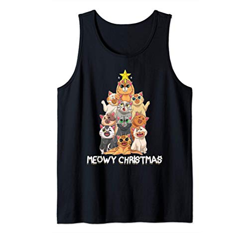 Meowy Christmas Cat Christmas Tree Lights Gift Cat Lover Camiseta sin Mangas