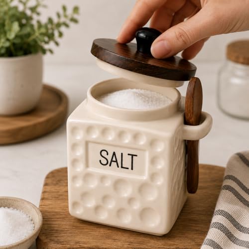 Image of The Deluxe Creations Ceramic Tea Coffee Sugar Salt Jars Set with Wooden Lid & Spoon | Premium Kitchen Storage Canisters | Airtight Containers | 500 ML Each | Set of 4