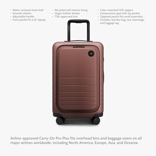 Image of Monos Carry-On Pro Plus Luggage 23 Inch - Hardside Spinner Suitcase with TSA Lock & Laptop Front Pocket | Airline Approved, 42L Polycarbonate Rolling Carry On | Fits 16 inch Laptop | Terracotta, Red