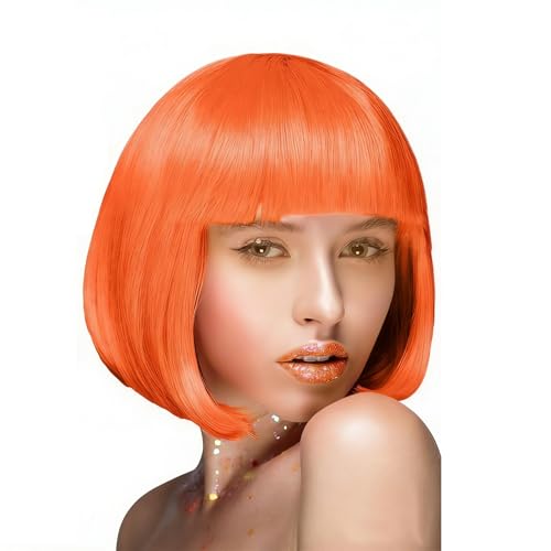 Bright Orange Straight Bob Wig with Bangs Short Length Apple Cut