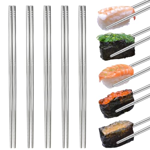 5 Paar Essstäbchen Edelstahl 23 cm Stäbchen Zum Essen essstäbchen spülmaschinenfest Wiederverwendbar Anti-Rutsch DesignPerfekt für Koreanische Chinesische Cuisine und Japanische Sushi (5)
