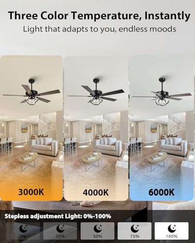 Image of 52 Inch Ceiling Fans with Lights, Creative Modern Black Ceiling Fan and Remote, Dimmable, 6 Speeds, Quiet, Dual-Sided Reversible 5 Blades Indoor Outdoor Chandelier Fan for Bedroom Living Room