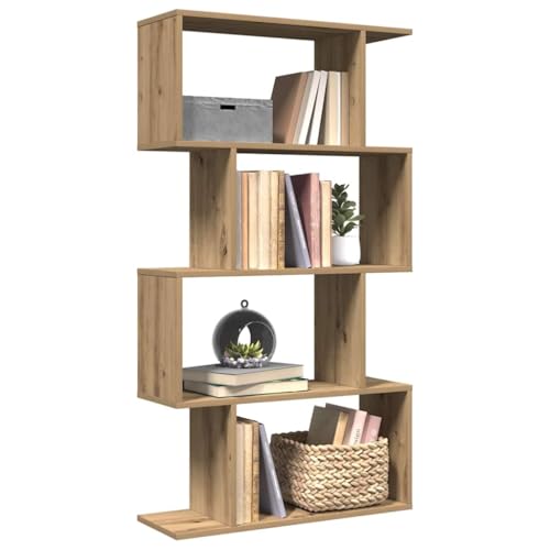 Estantería Divisoria de Ambientes de Madera de Ingeniería con 6 Niveles escalonados. Estantería Geométrica Moderna para Sala de Estar y Oficina Roble Artesanal